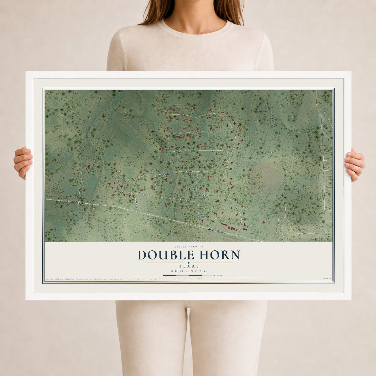 Map of Double Horn, Texas, 24 x 36 inch print in a white wood frame