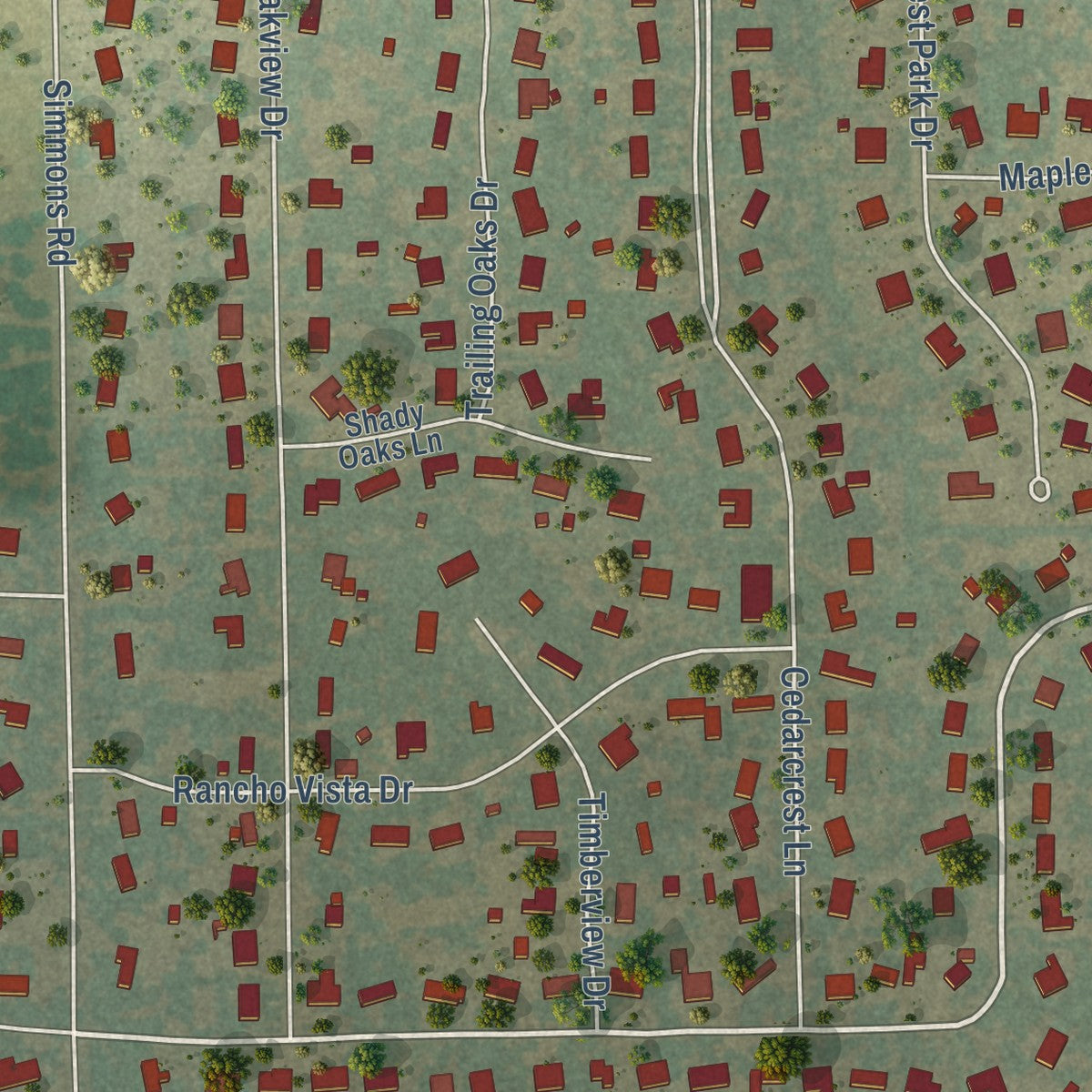 Close-up of the map of Double Oak, Texas print showing street and building detail