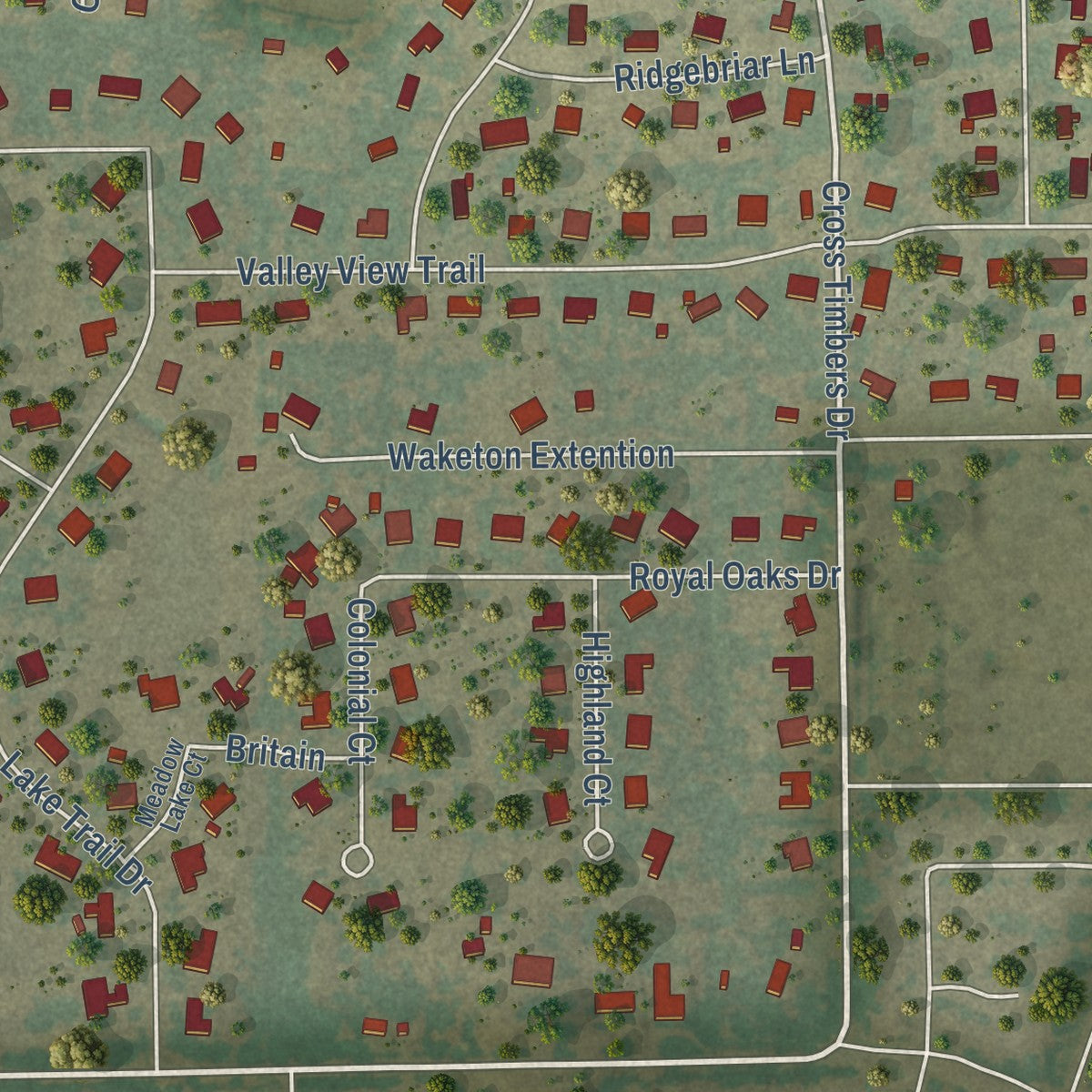 Second close-up of the map of Double Oak, Texas print showing more streets and buildings