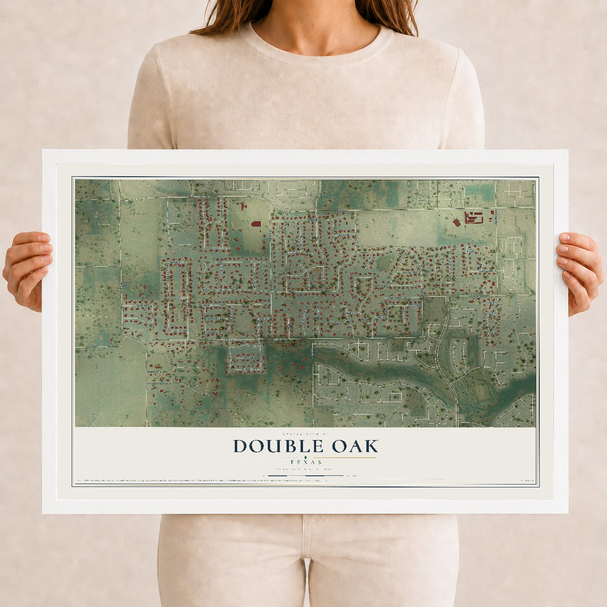 Map of Double Oak, Texas, 12 x 18 inch print in a white wood frame