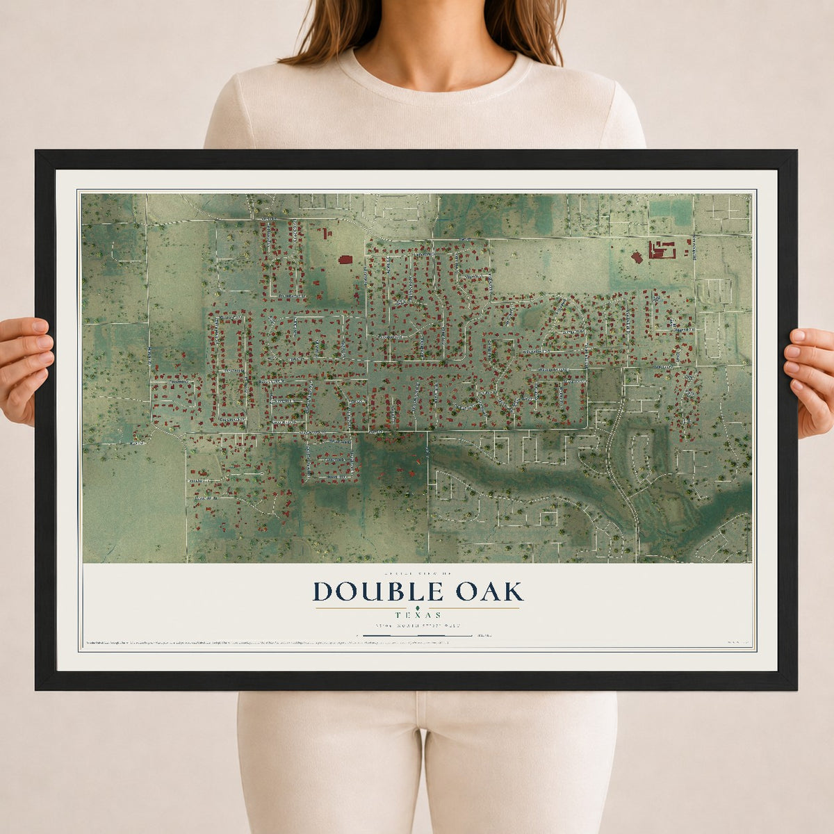 Map of Double Oak, Texas, 18 x 24 inch print in a black wood frame