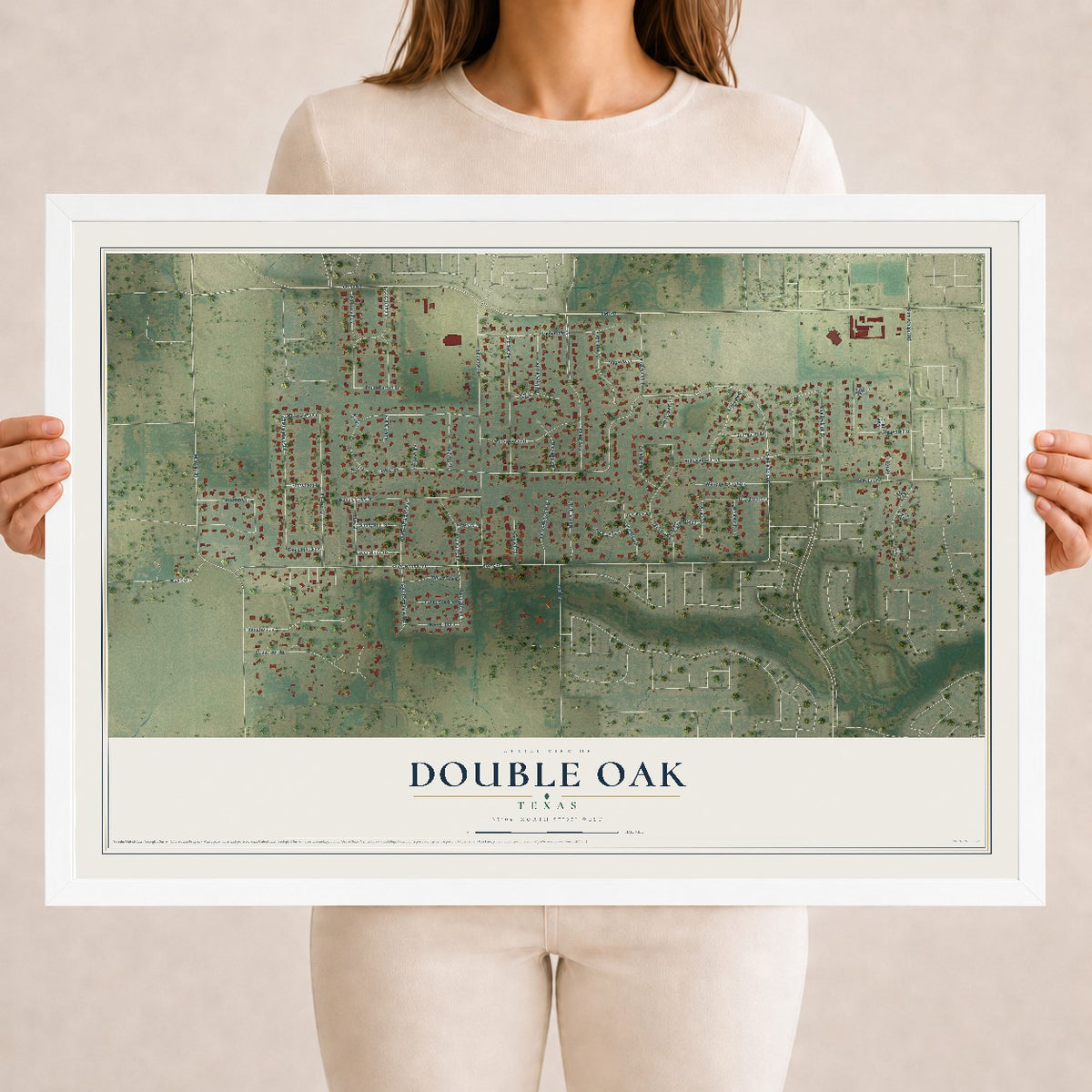 Map of Double Oak, Texas, 18 x 24 inch print in a white wood frame