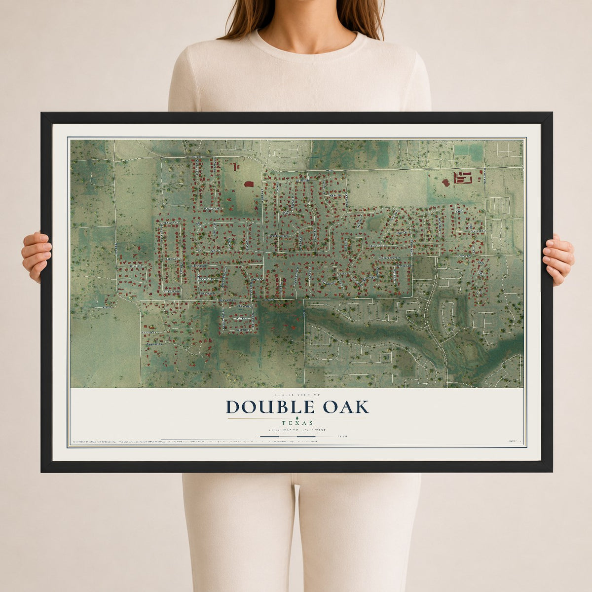 Map of Double Oak, Texas, 24 x 36 inch print in a black wood frame