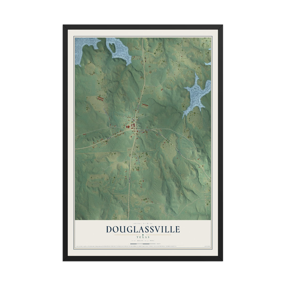 Map of Douglassville, Texas, 12 x 18 inch print in a black wood frame
