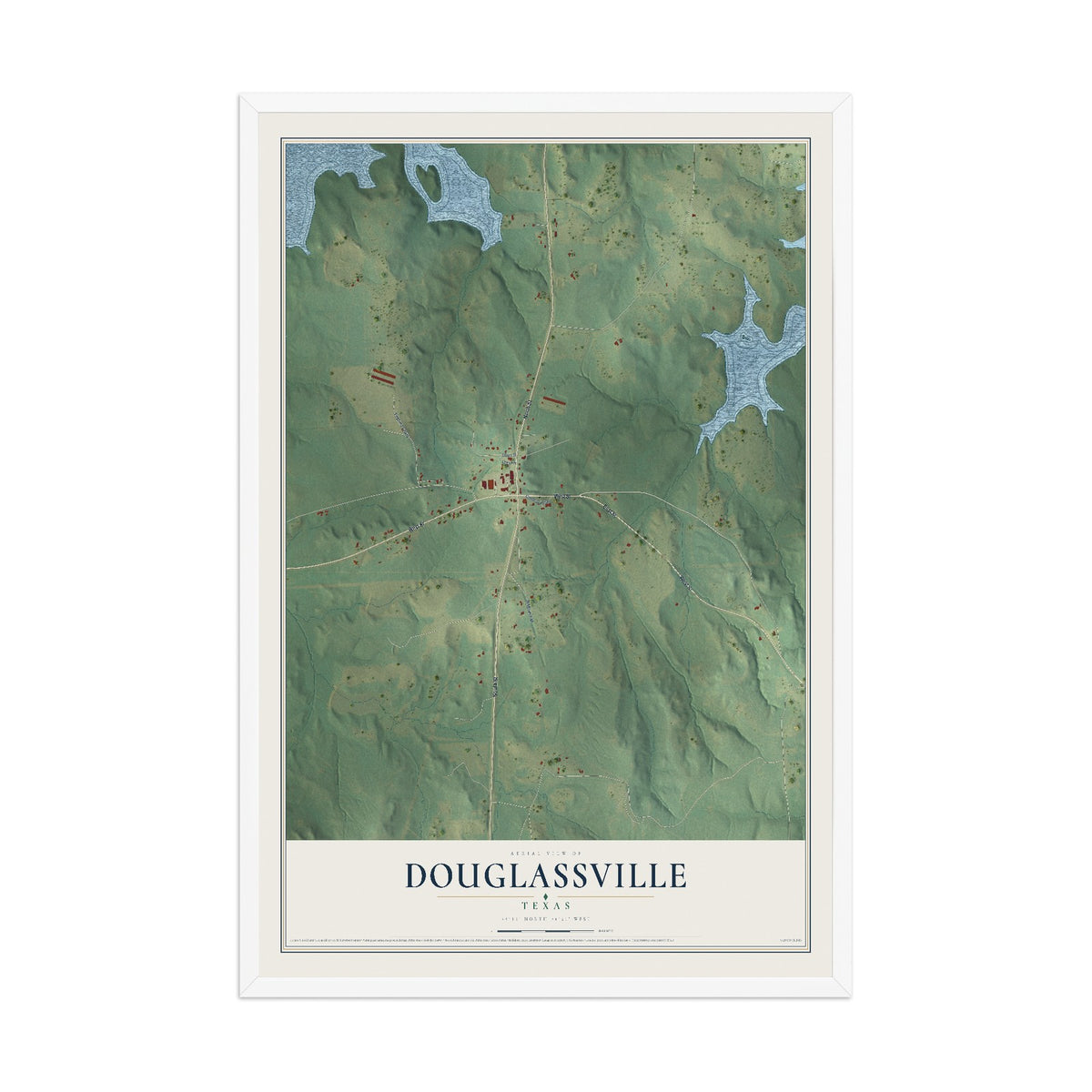 Map of Douglassville, Texas, 12 x 18 inch print in a white wood frame
