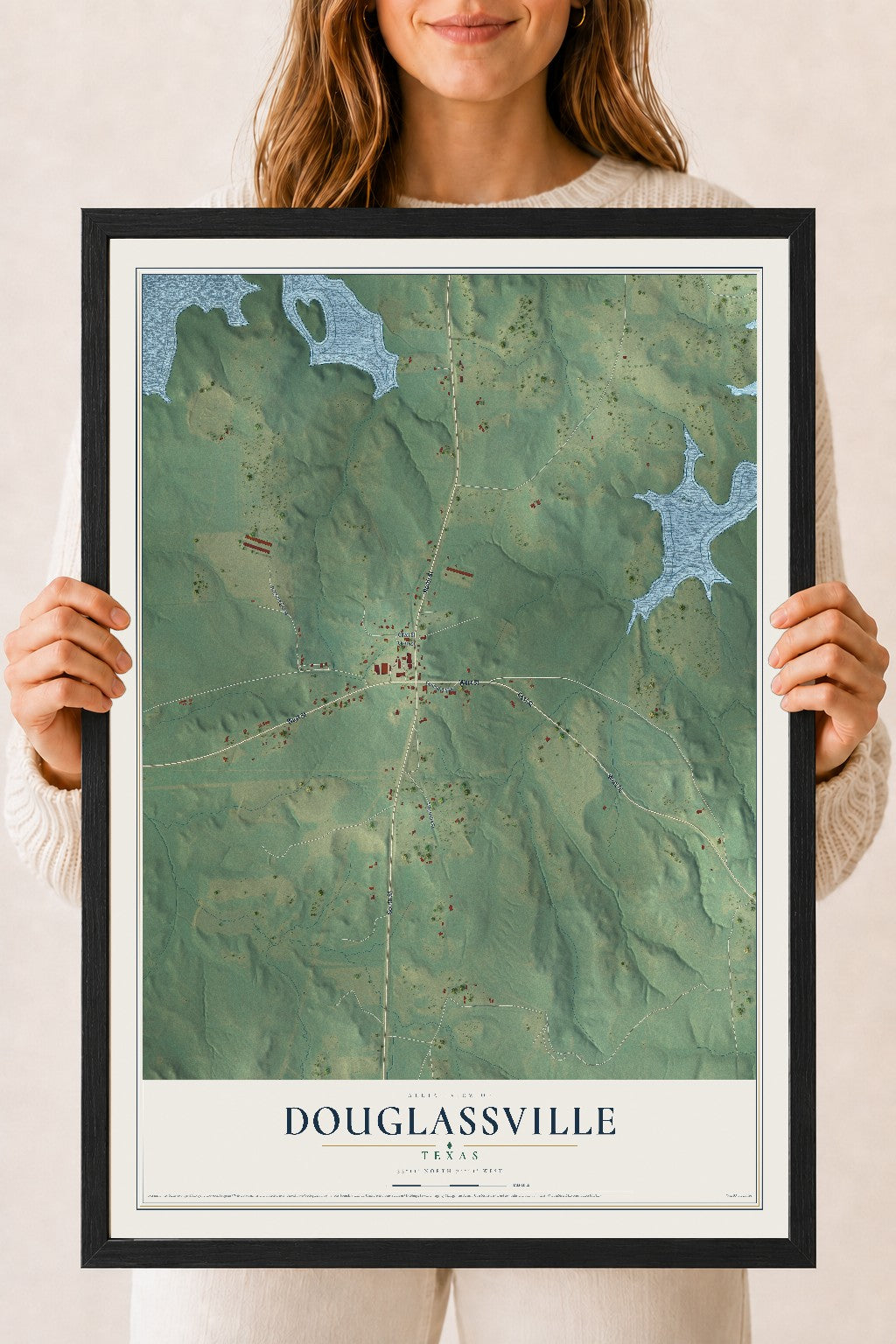 Map of Douglassville, Texas, 18 x 24 inch print in a black wood frame