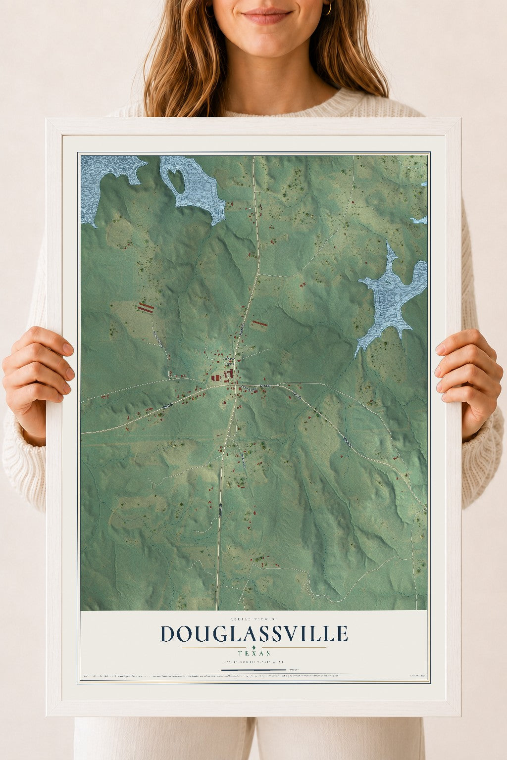 Map of Douglassville, Texas, 18 x 24 inch print in a white wood frame