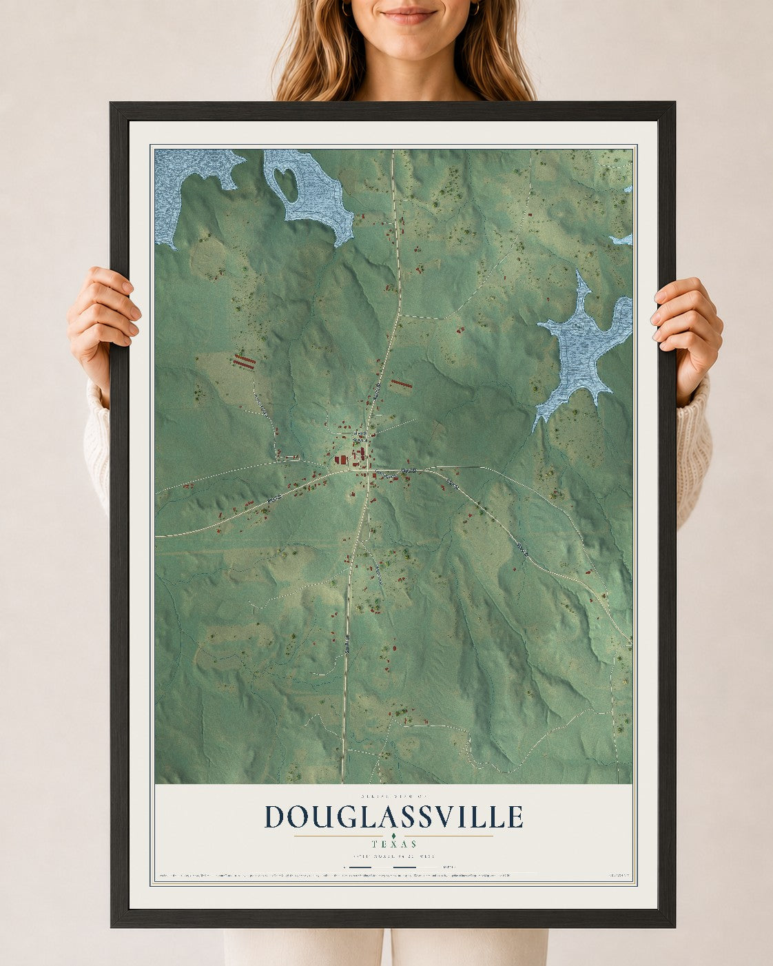 Map of Douglassville, Texas, 24 x 36 inch print in a black wood frame