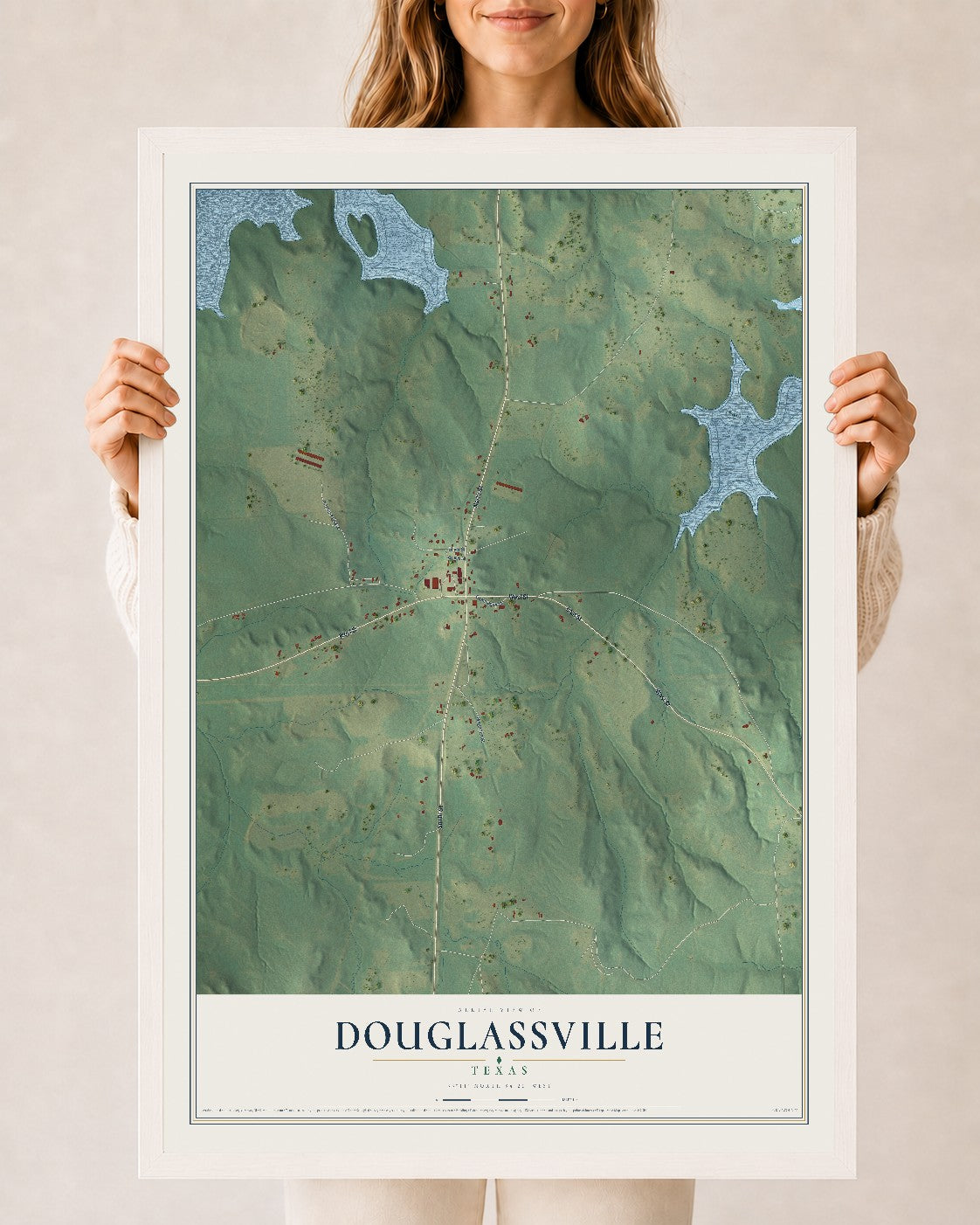 Map of Douglassville, Texas, 24 x 36 inch print in a white wood frame