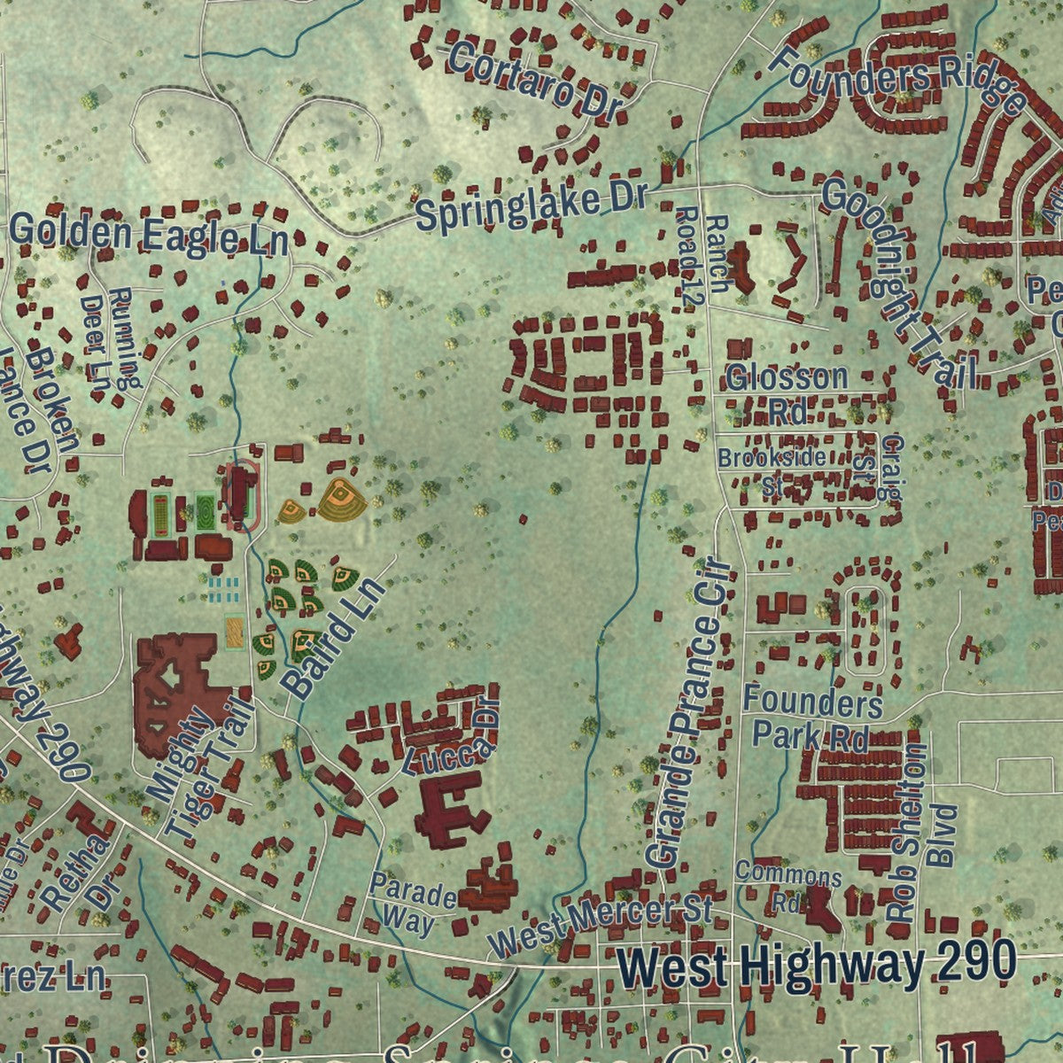 Close-up of the map of Dripping Springs, Texas print showing street and building detail