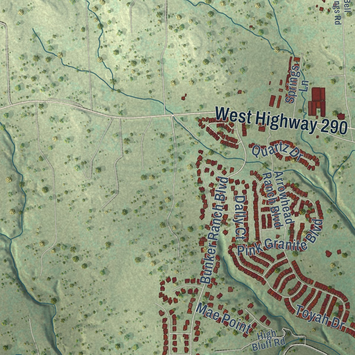 Second close-up of the map of Dripping Springs, Texas print showing more streets and buildings