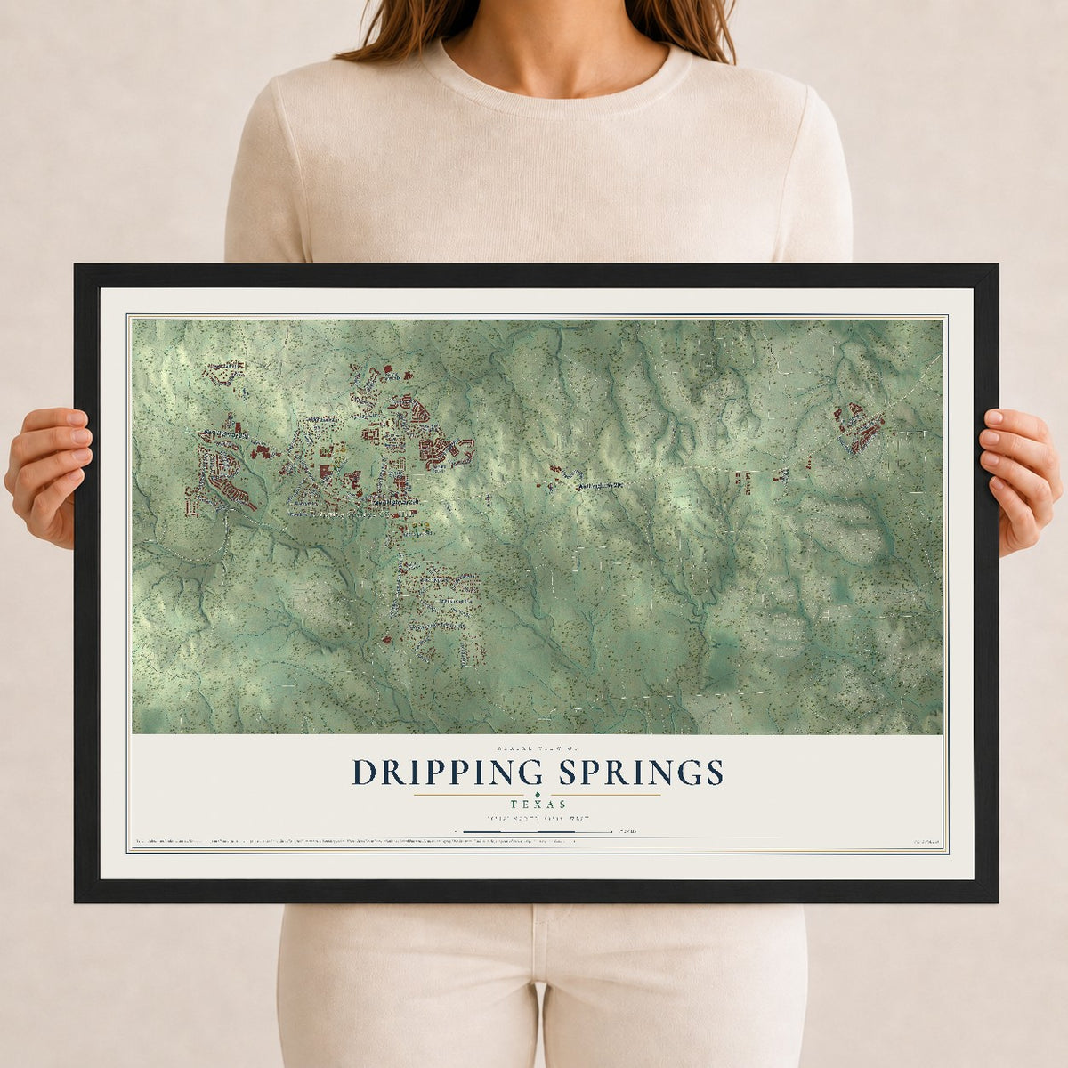 Map of Dripping Springs, Texas, 12 x 18 inch print in a black wood frame