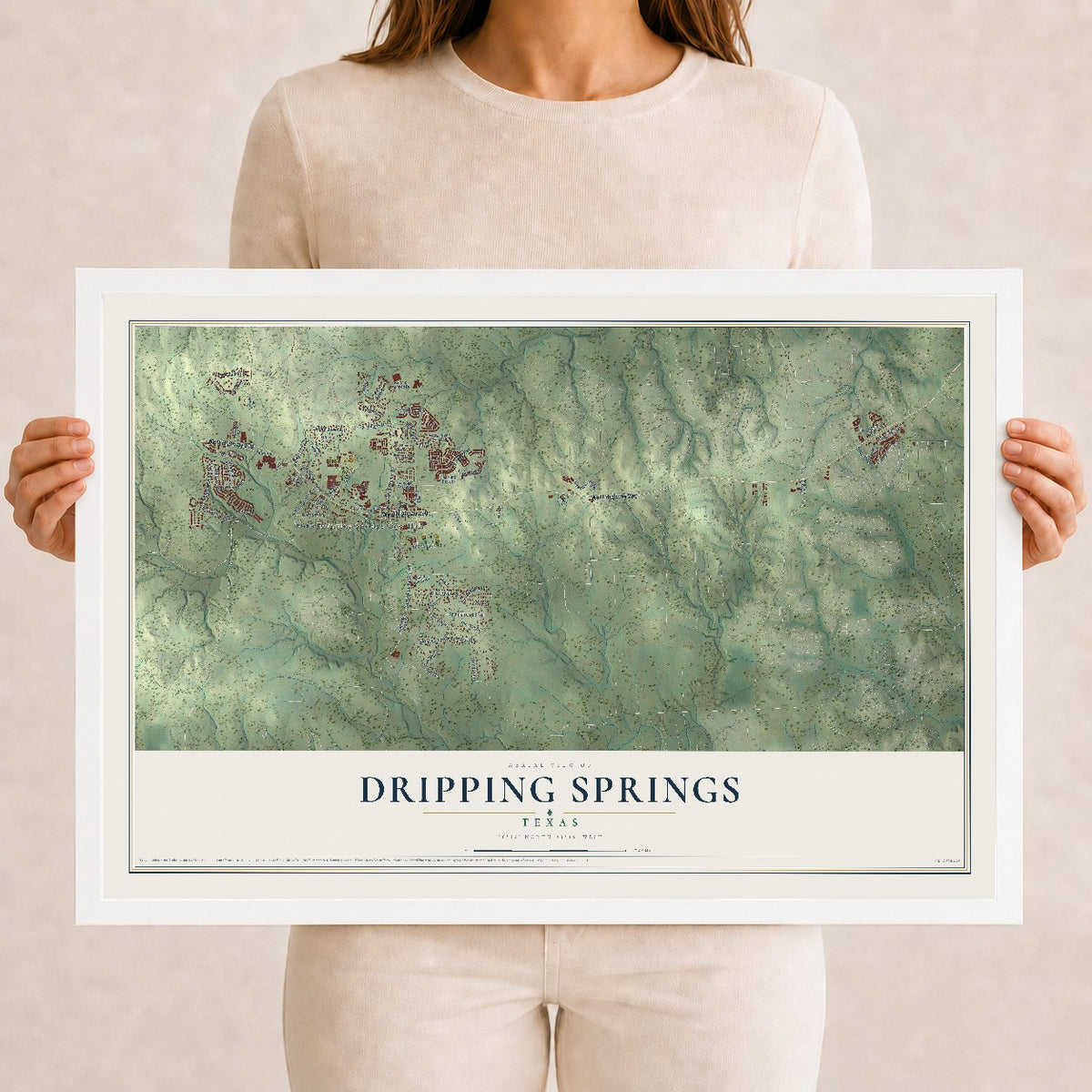 Map of Dripping Springs, Texas, 12 x 18 inch print in a white wood frame