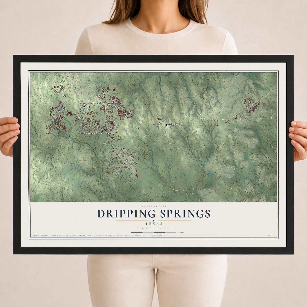 Map of Dripping Springs, Texas, 18 x 24 inch print in a black wood frame