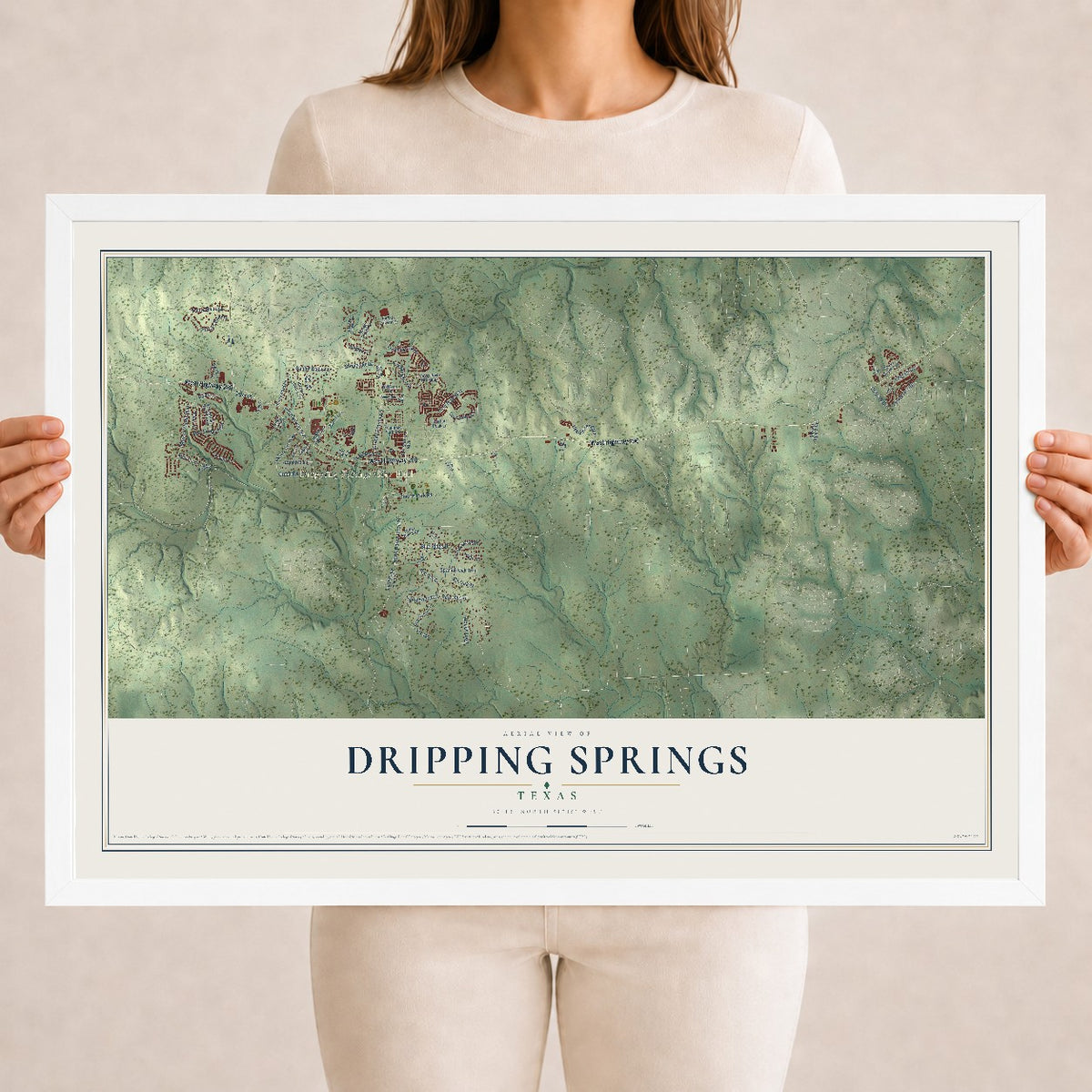 Map of Dripping Springs, Texas, 18 x 24 inch print in a white wood frame
