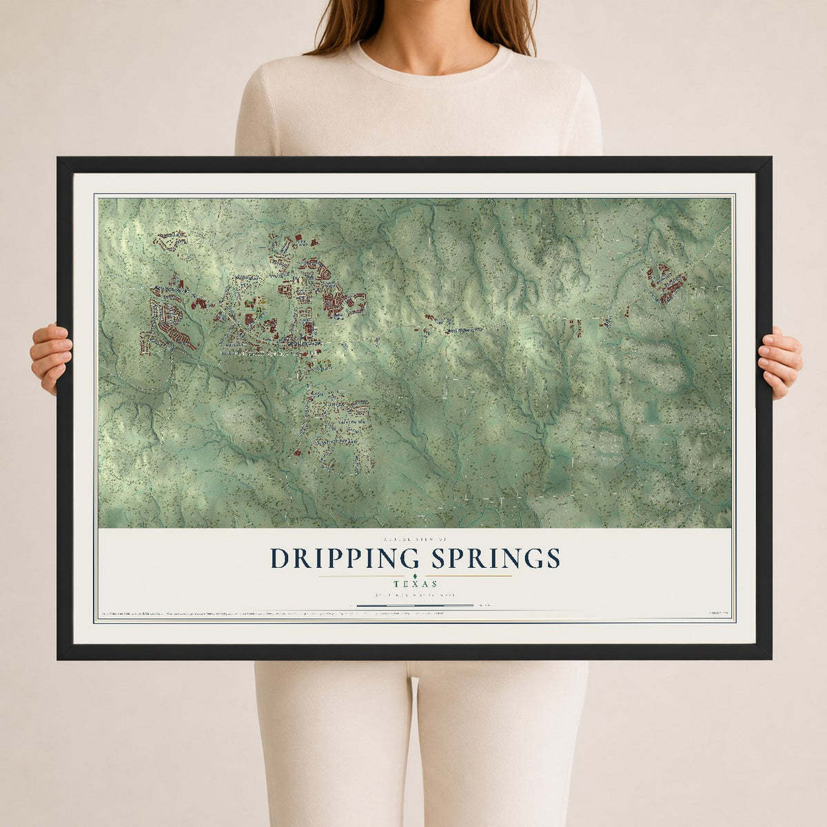 Map of Dripping Springs, Texas, 24 x 36 inch print in a black wood frame