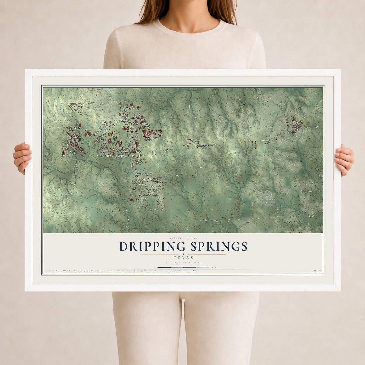 Map of Dripping Springs, Texas, 24 x 36 inch print in a white wood frame