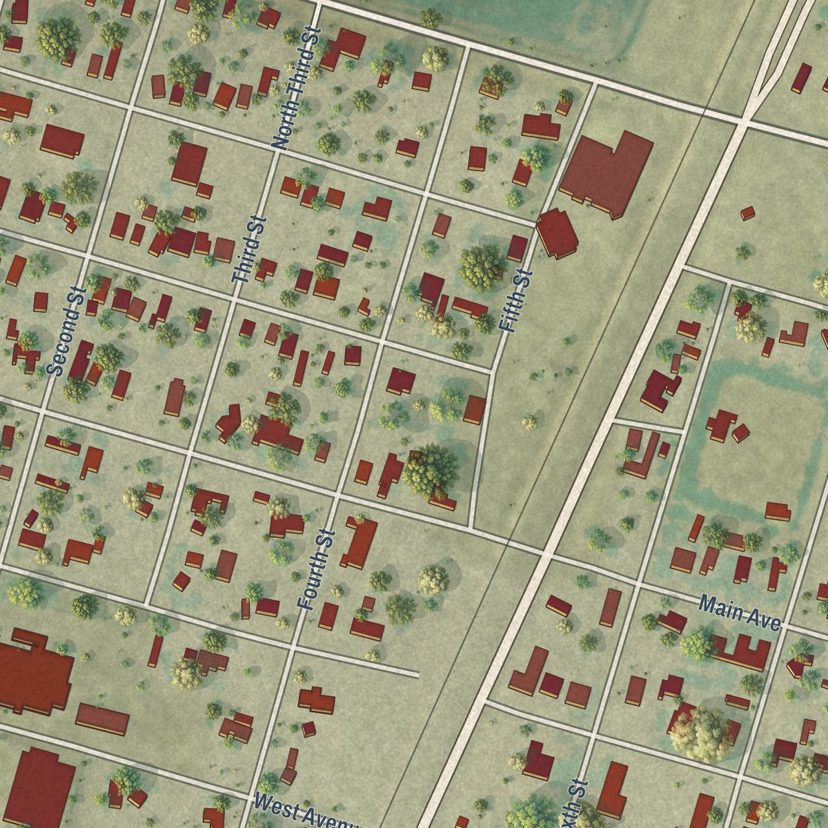 Close-up of the map of Driscoll, Texas print showing street and building detail