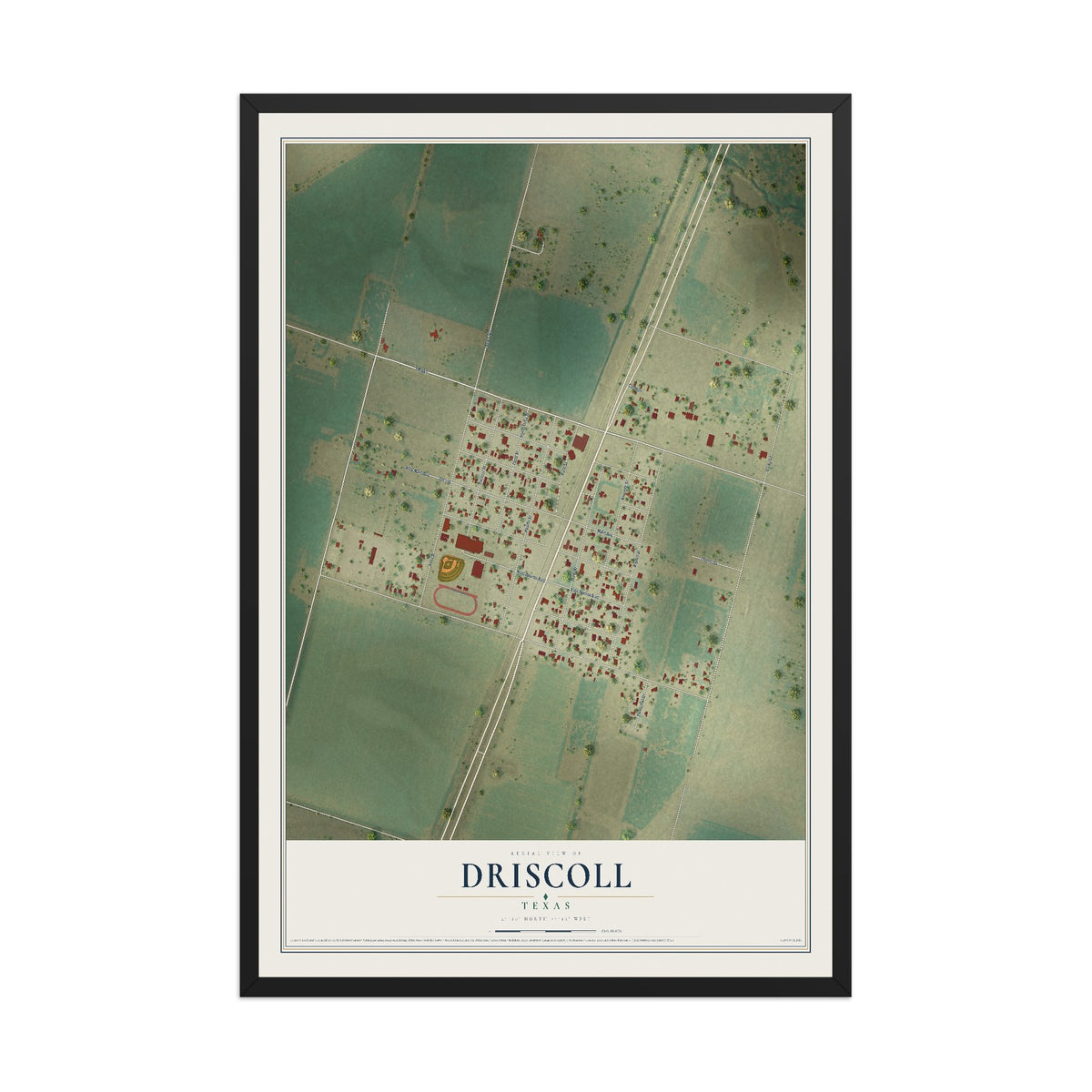 Map of Driscoll, Texas, 12 x 18 inch print in a black wood frame