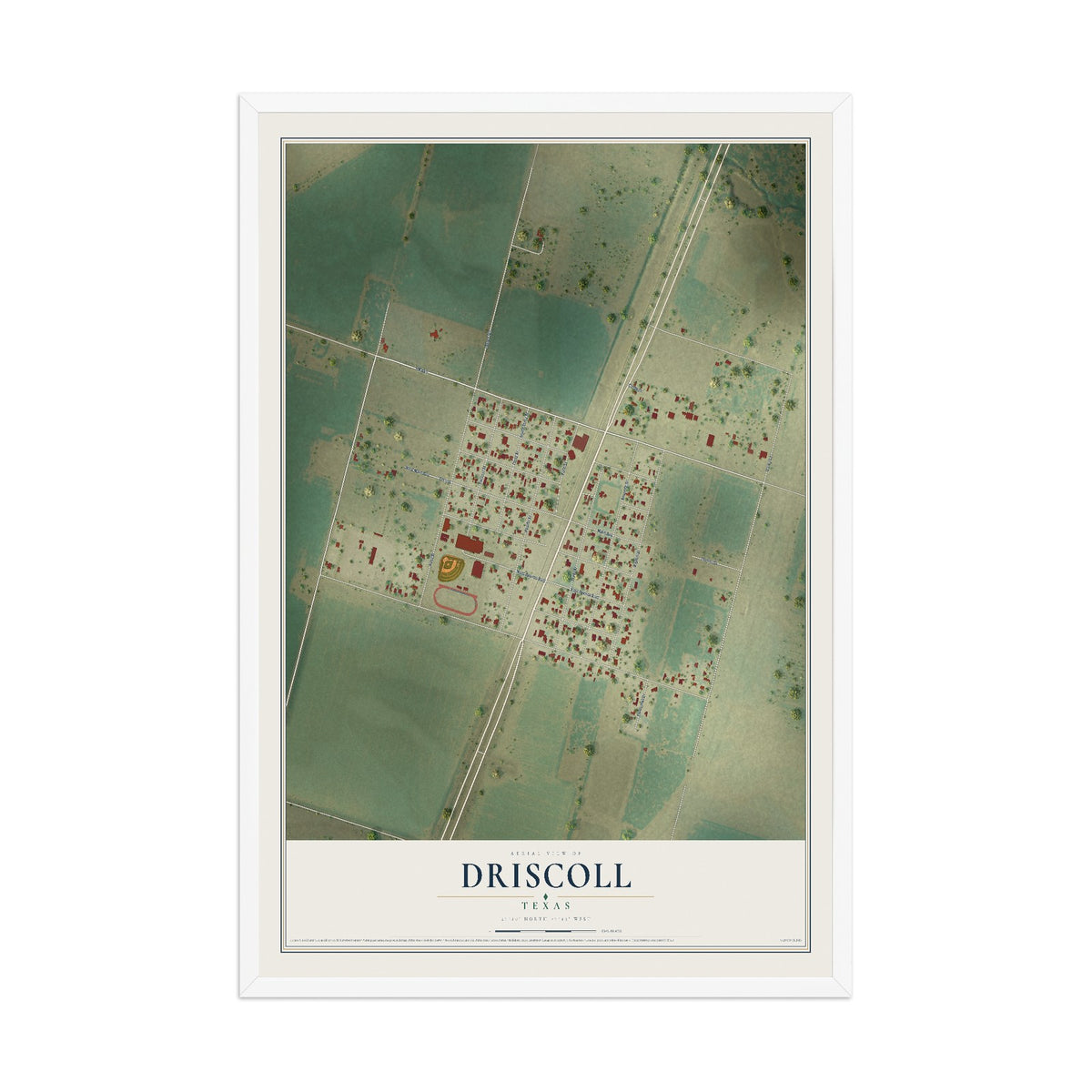 Map of Driscoll, Texas, 12 x 18 inch print in a white wood frame