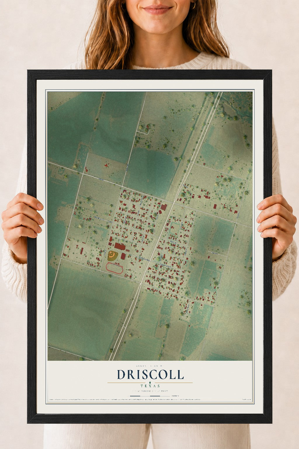 Map of Driscoll, Texas, 18 x 24 inch print in a black wood frame