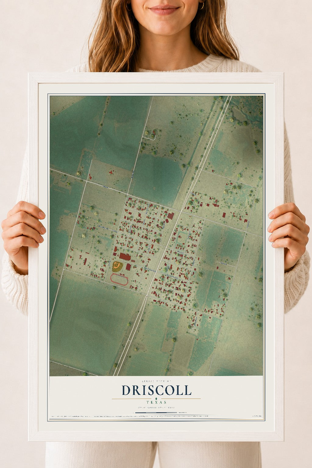 Map of Driscoll, Texas, 18 x 24 inch print in a white wood frame