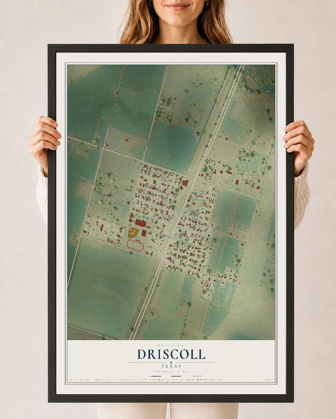 Map of Driscoll, Texas, 24 x 36 inch print in a black wood frame