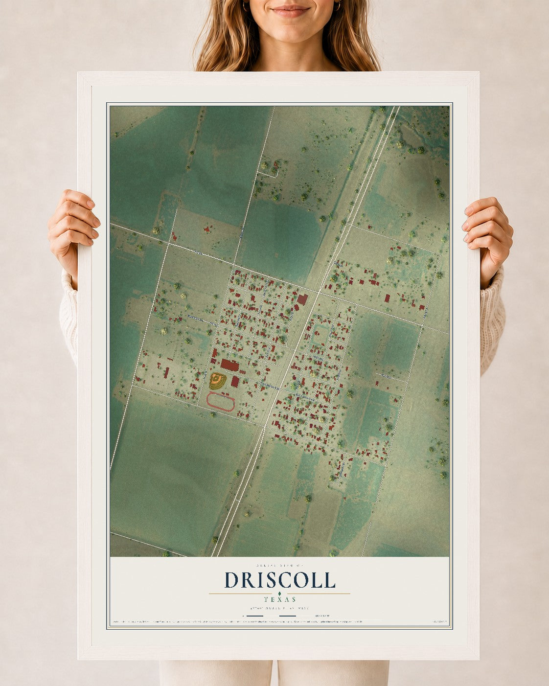 Map of Driscoll, Texas, 24 x 36 inch print in a white wood frame