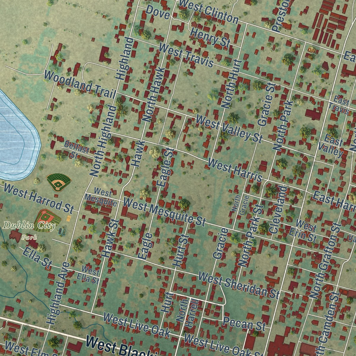 Close-up of the map of Dublin, Texas print showing street and building detail