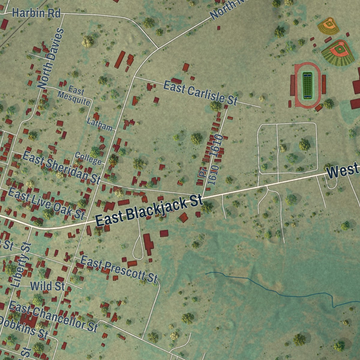 Second close-up of the map of Dublin, Texas print showing more streets and buildings