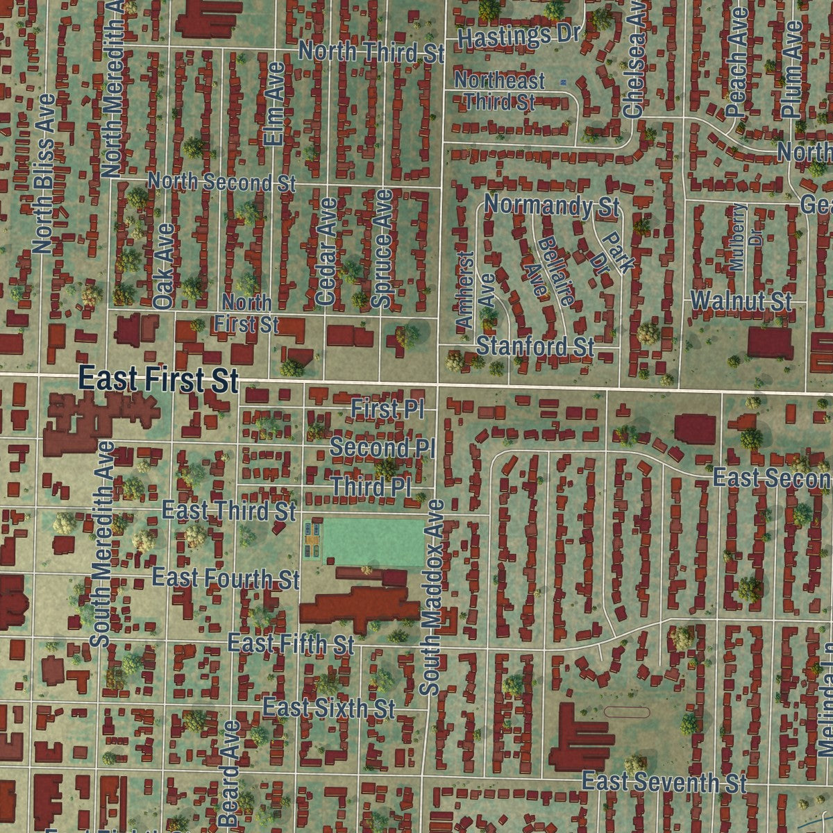 Close-up of the map of Dumas, Texas print showing street and building detail
