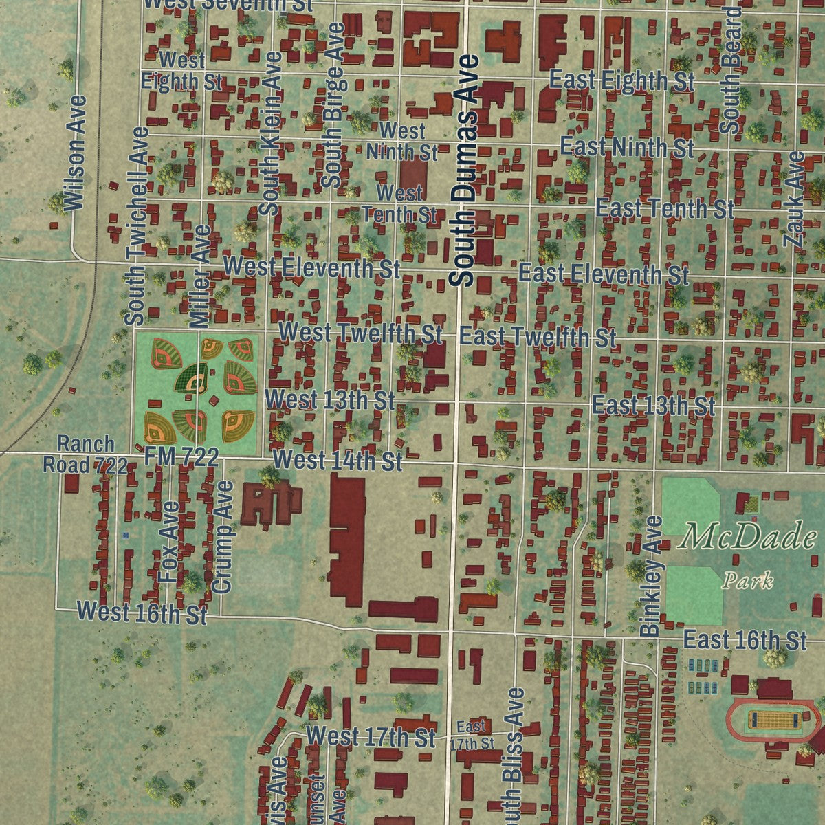 Second close-up of the map of Dumas, Texas print showing more streets and buildings