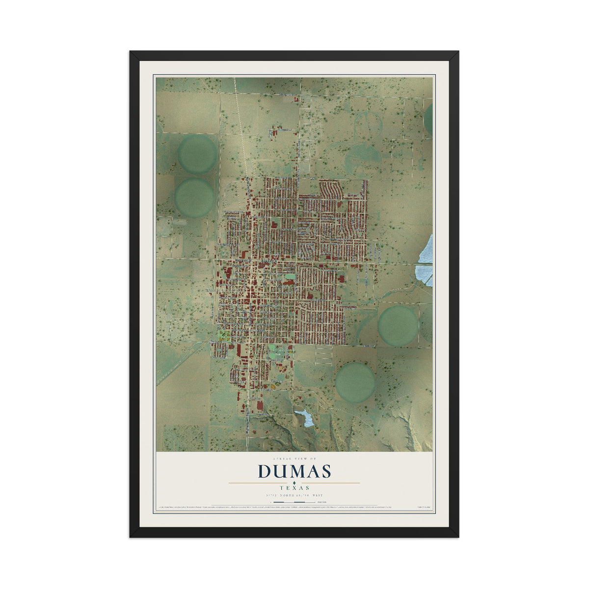 Map of Dumas, Texas, 12 x 18 inch print in a black wood frame