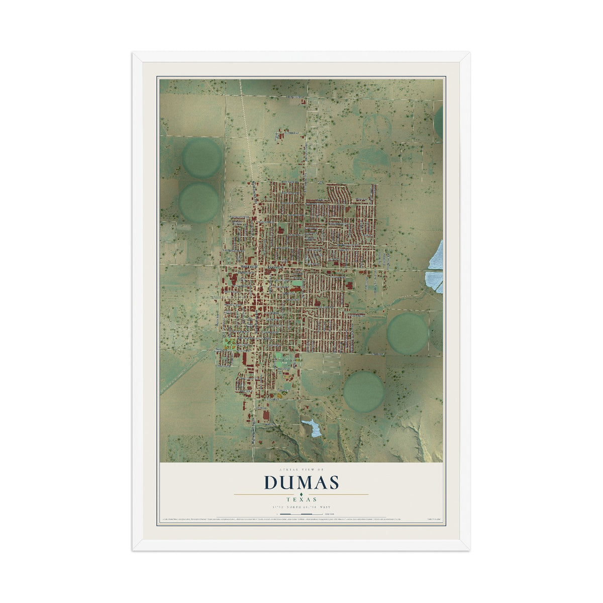 Map of Dumas, Texas, 12 x 18 inch print in a white wood frame