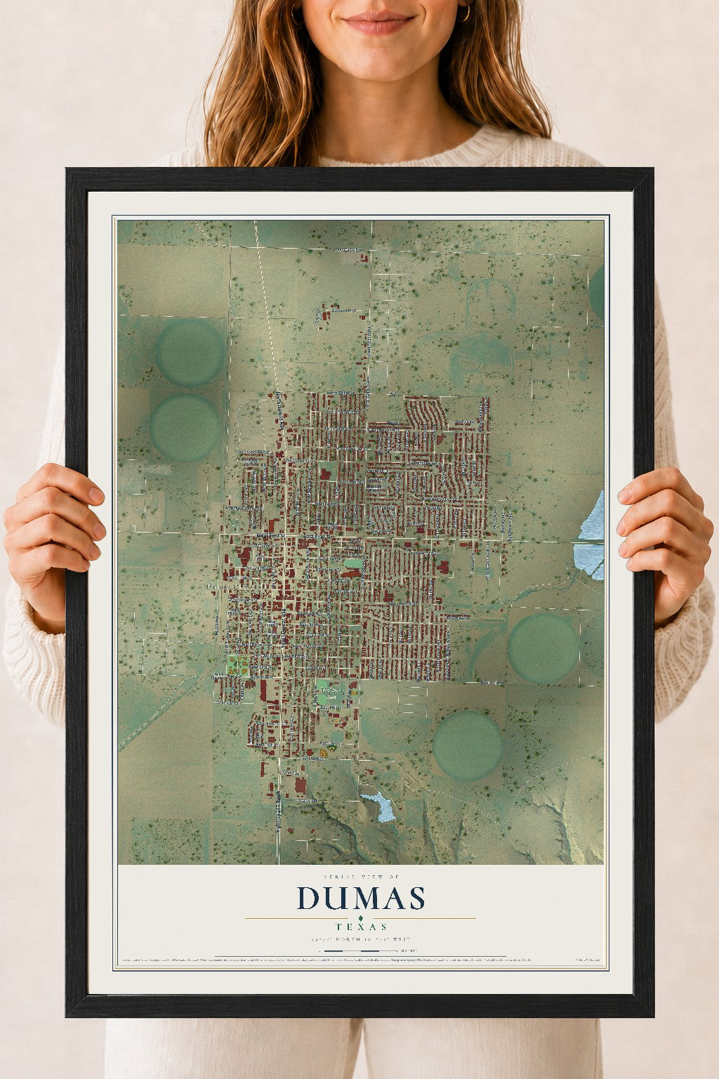Map of Dumas, Texas, 18 x 24 inch print in a black wood frame