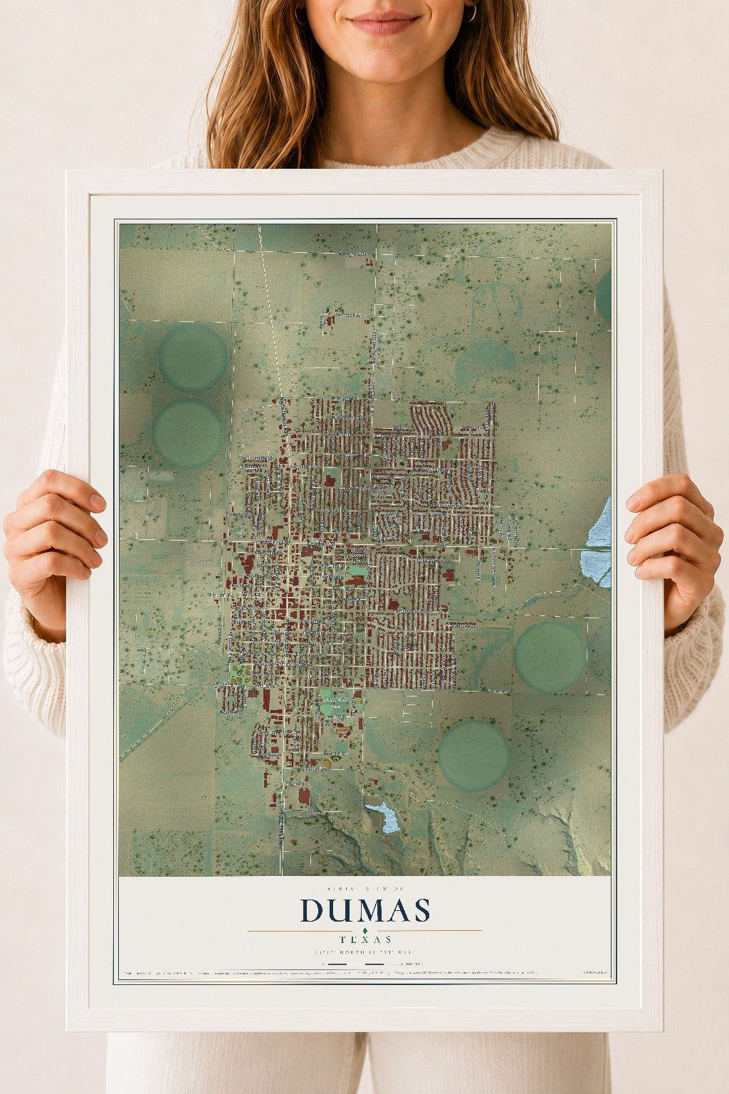 Map of Dumas, Texas, 18 x 24 inch print in a white wood frame