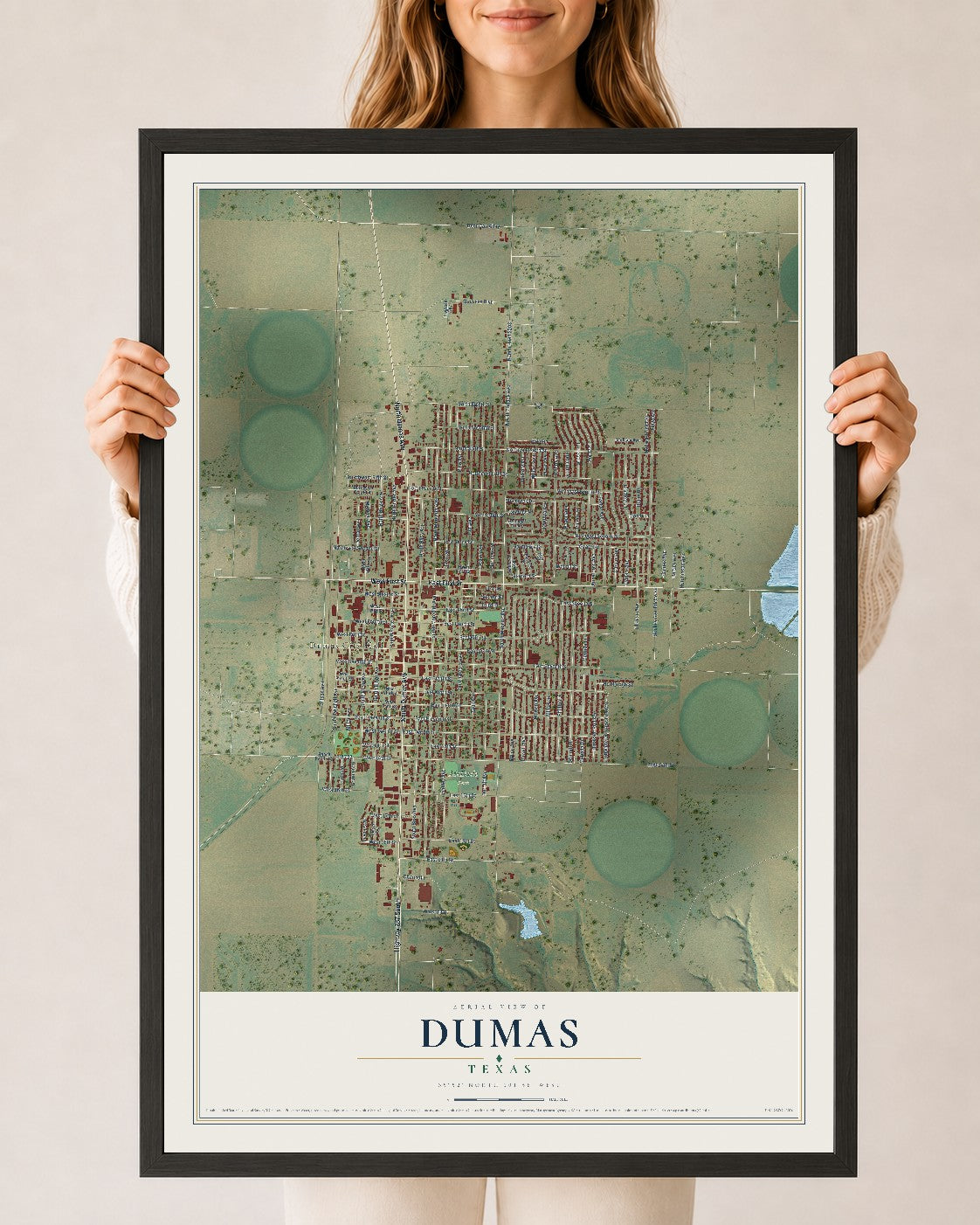 Map of Dumas, Texas, 24 x 36 inch print in a black wood frame