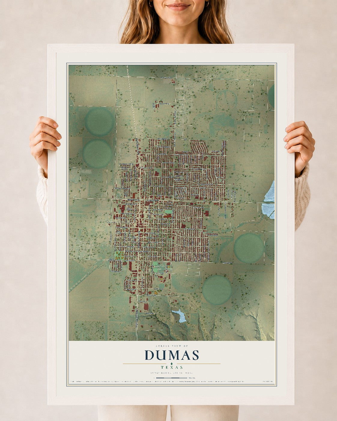 Map of Dumas, Texas, 24 x 36 inch print in a white wood frame