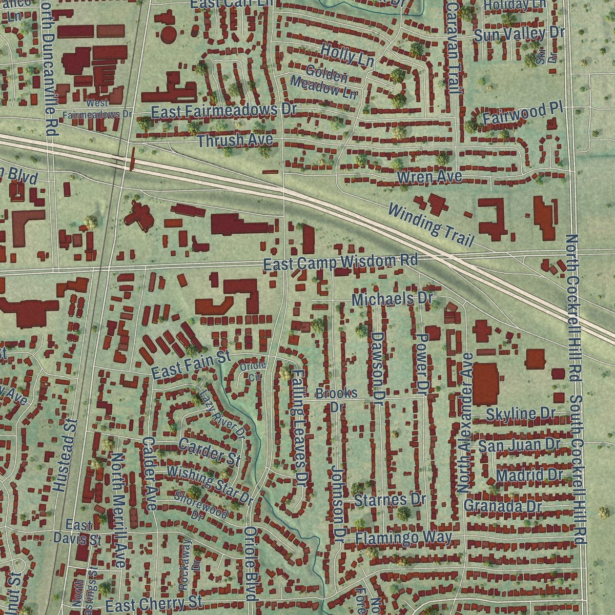 Close-up of the map of Duncanville, Texas print showing street and building detail