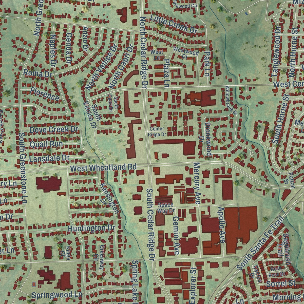 Second close-up of the map of Duncanville, Texas print showing more streets and buildings
