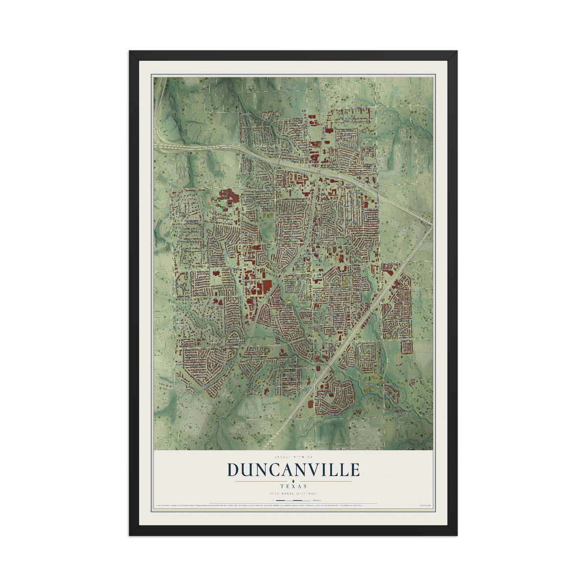 Map of Duncanville, Texas, 12 x 18 inch print in a black wood frame