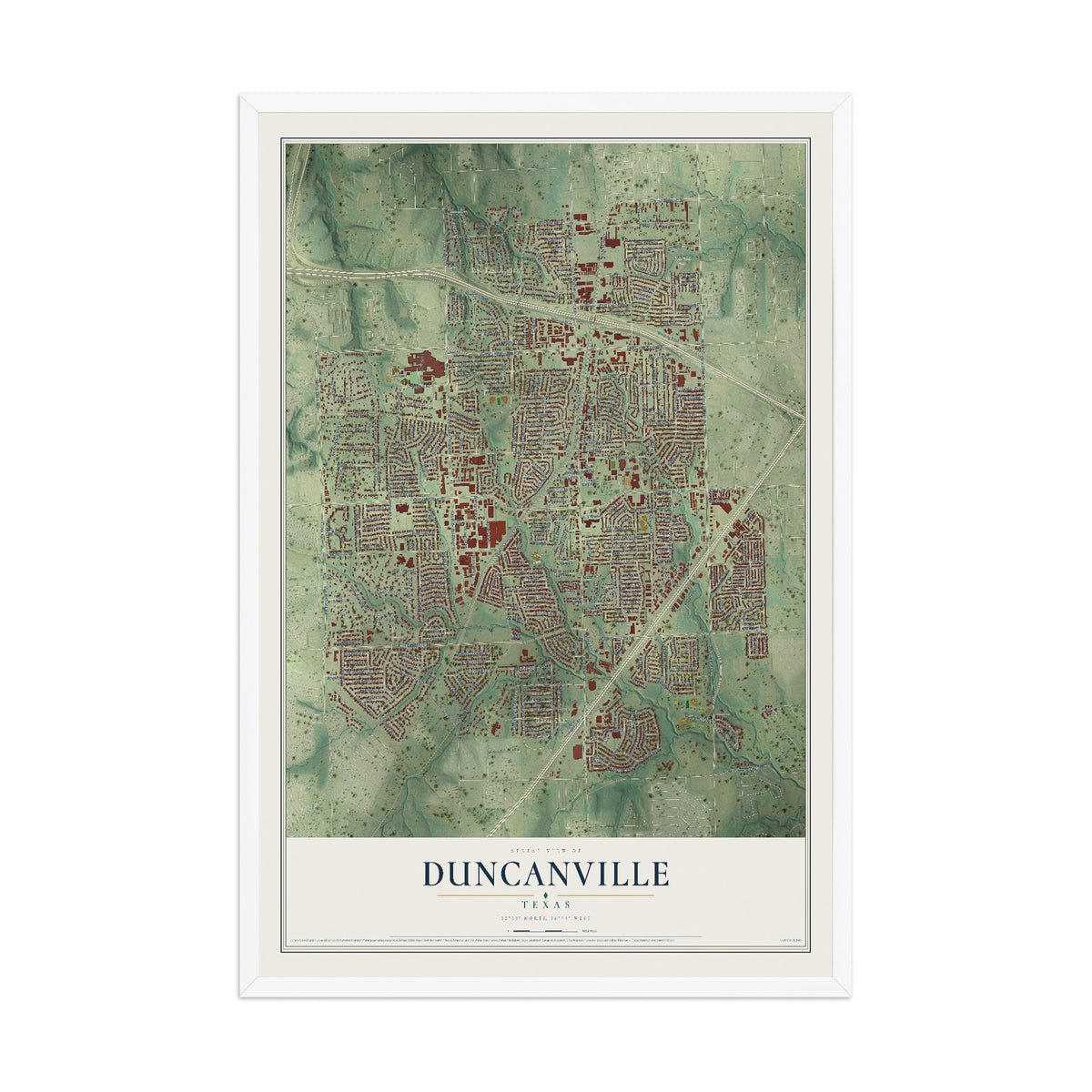 Map of Duncanville, Texas, 12 x 18 inch print in a white wood frame