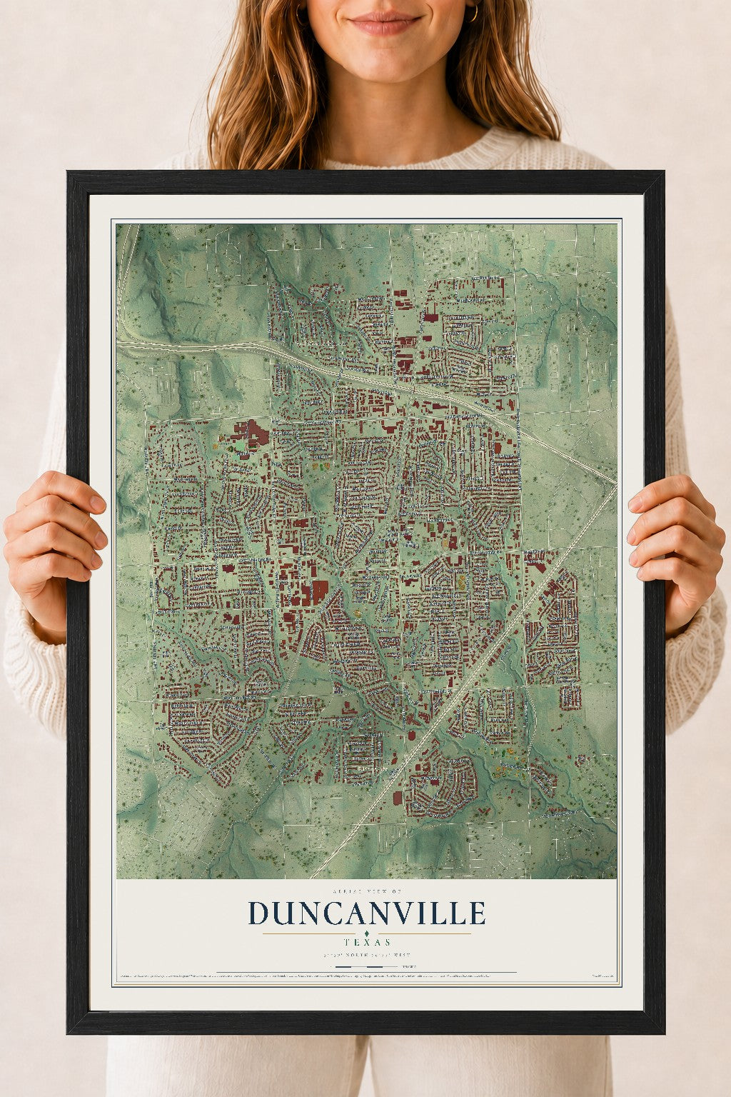 Map of Duncanville, Texas, 18 x 24 inch print in a black wood frame