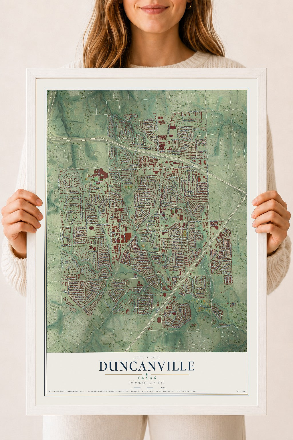 Map of Duncanville, Texas, 18 x 24 inch print in a white wood frame