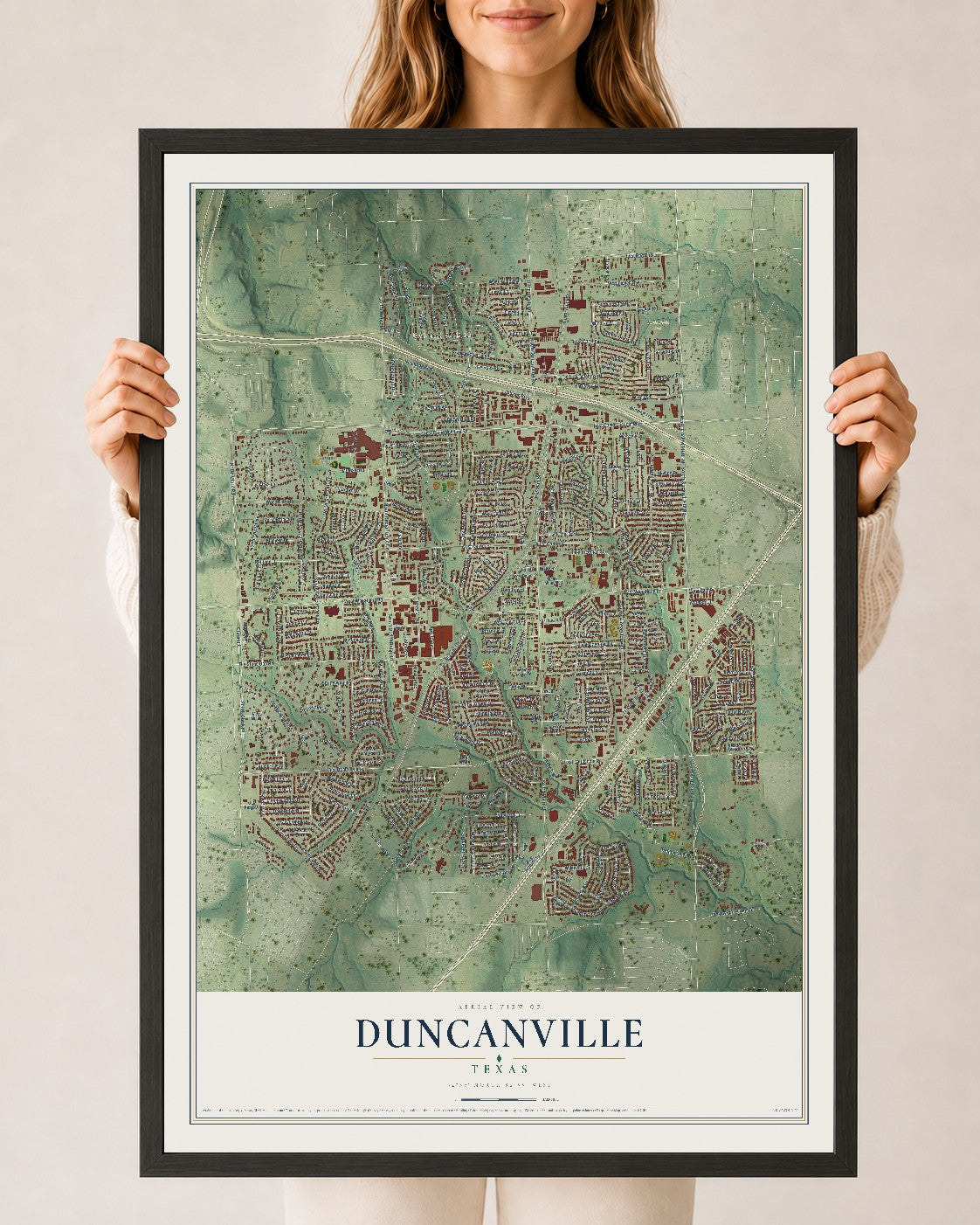 Map of Duncanville, Texas, 24 x 36 inch print in a black wood frame