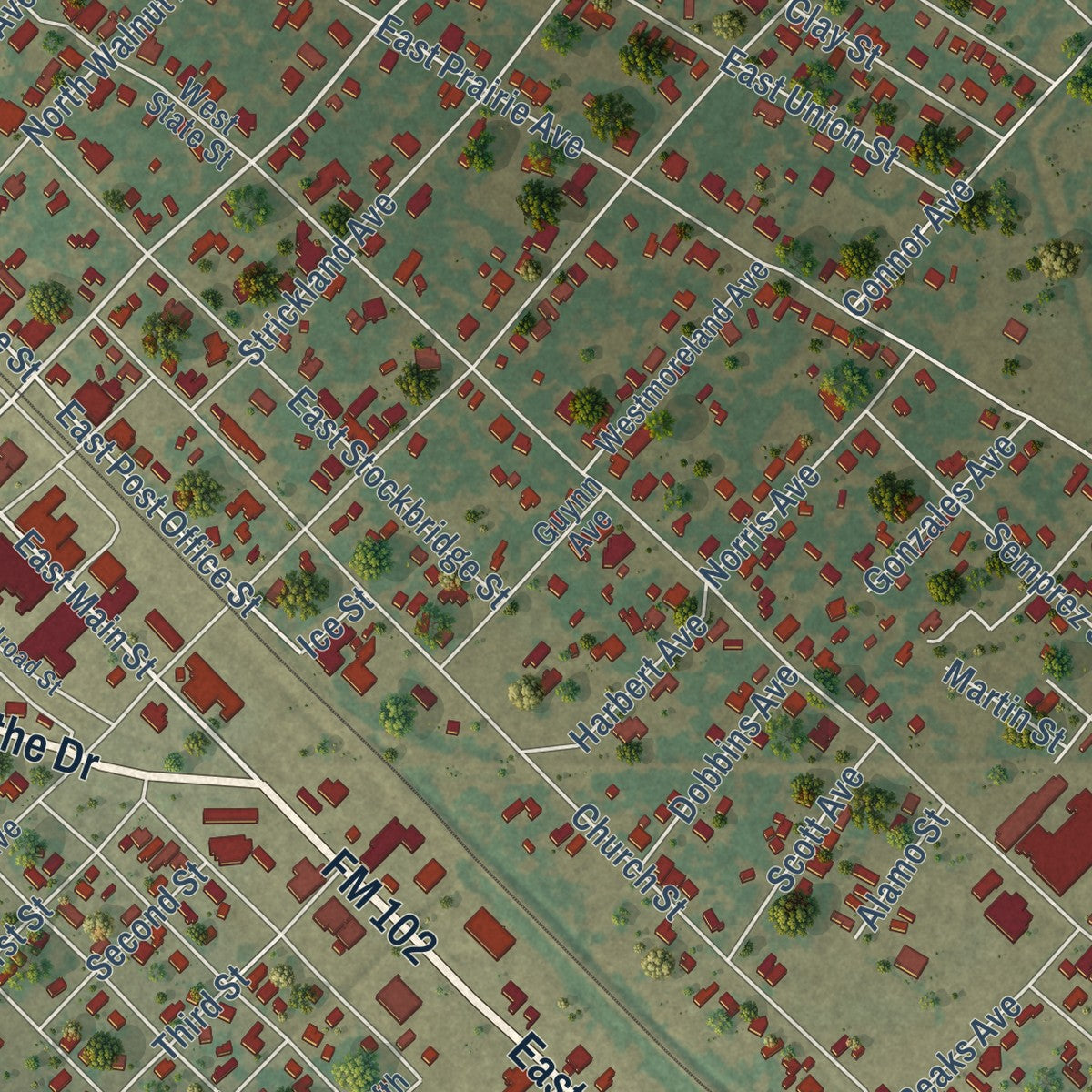 Close-up of the map of Eagle Lake, Texas print showing street and building detail