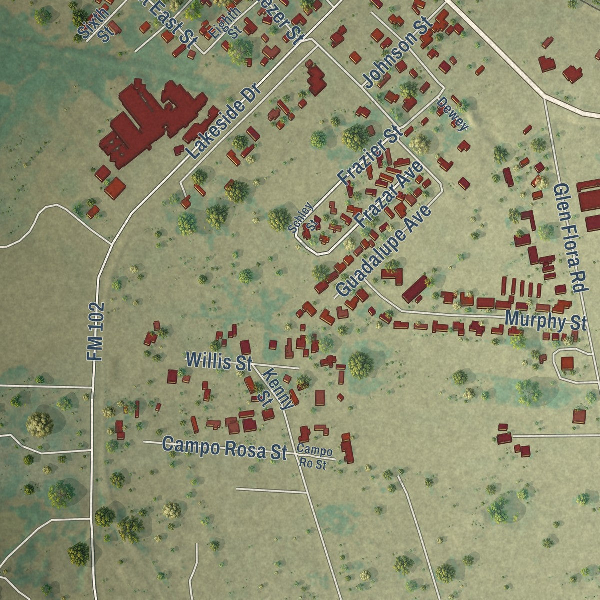 Second close-up of the map of Eagle Lake, Texas print showing more streets and buildings