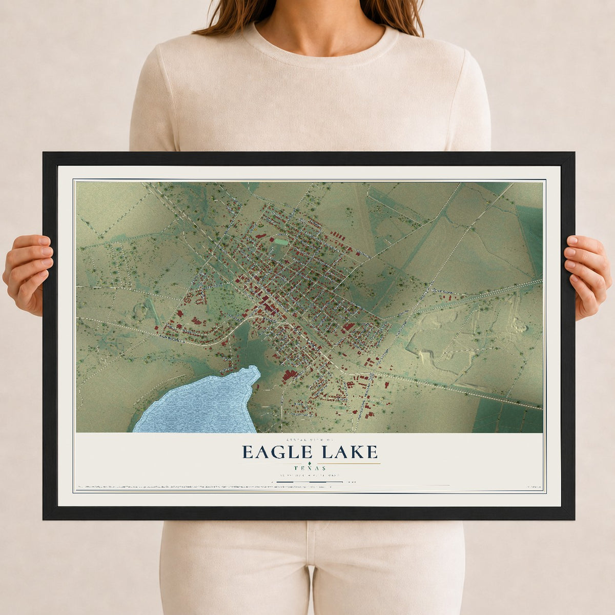 Map of Eagle Lake, Texas, 12 x 18 inch print in a black wood frame