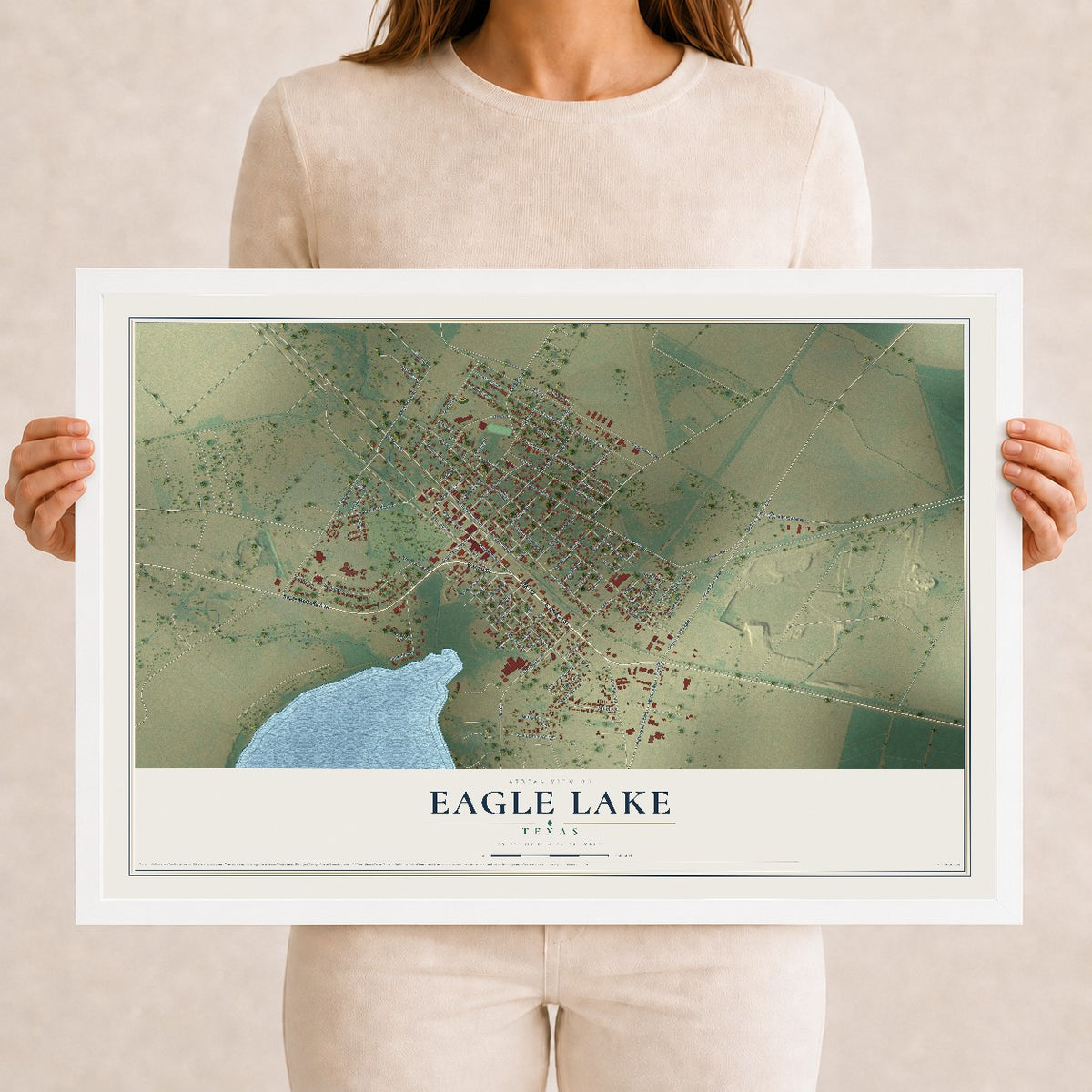 Map of Eagle Lake, Texas, 12 x 18 inch print in a white wood frame