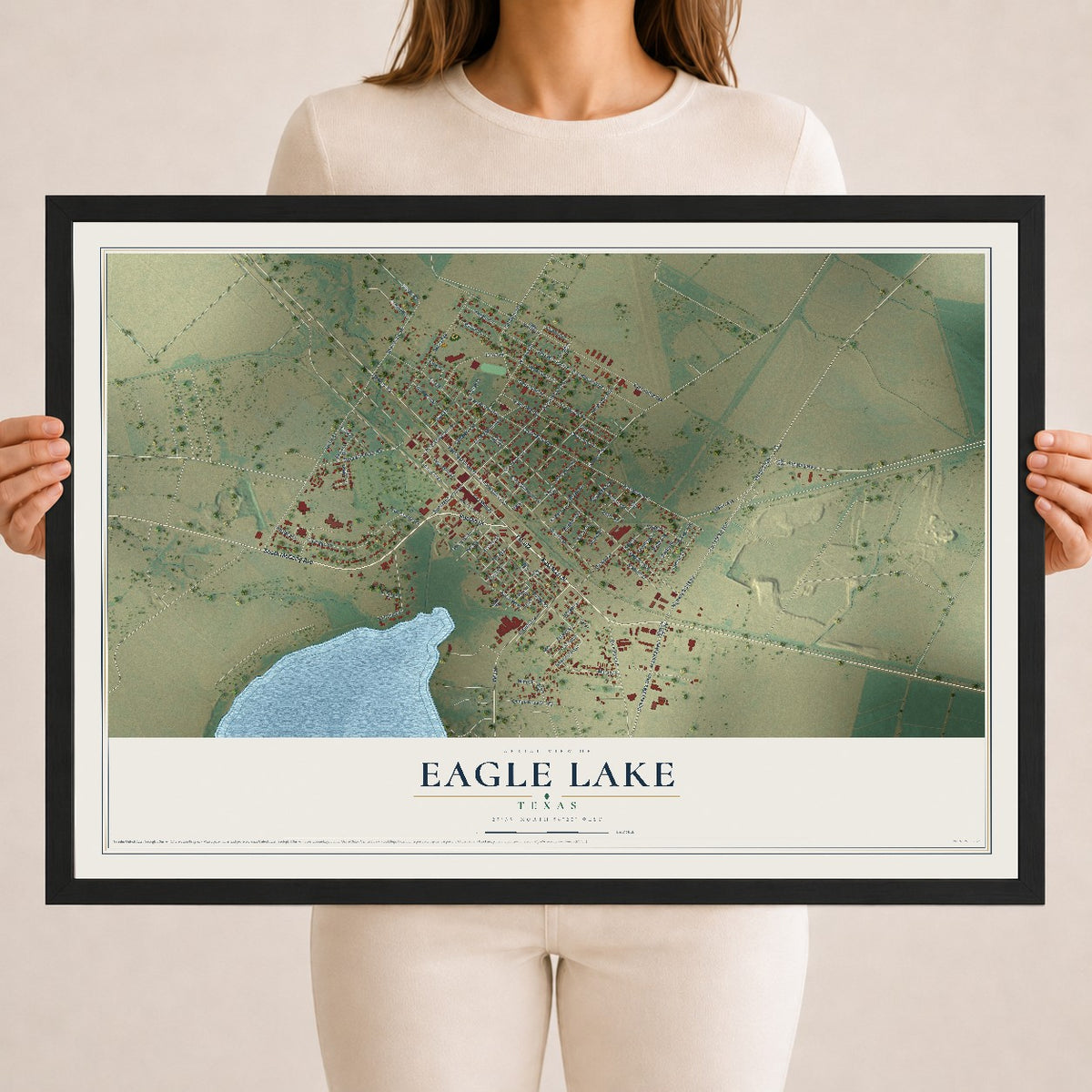 Map of Eagle Lake, Texas, 18 x 24 inch print in a black wood frame